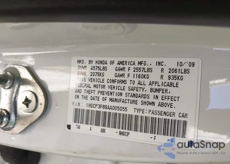 2010 Honda Accord 3.5 Ex-L from USA, damaged, VIN 1HGCP3F89AA005055